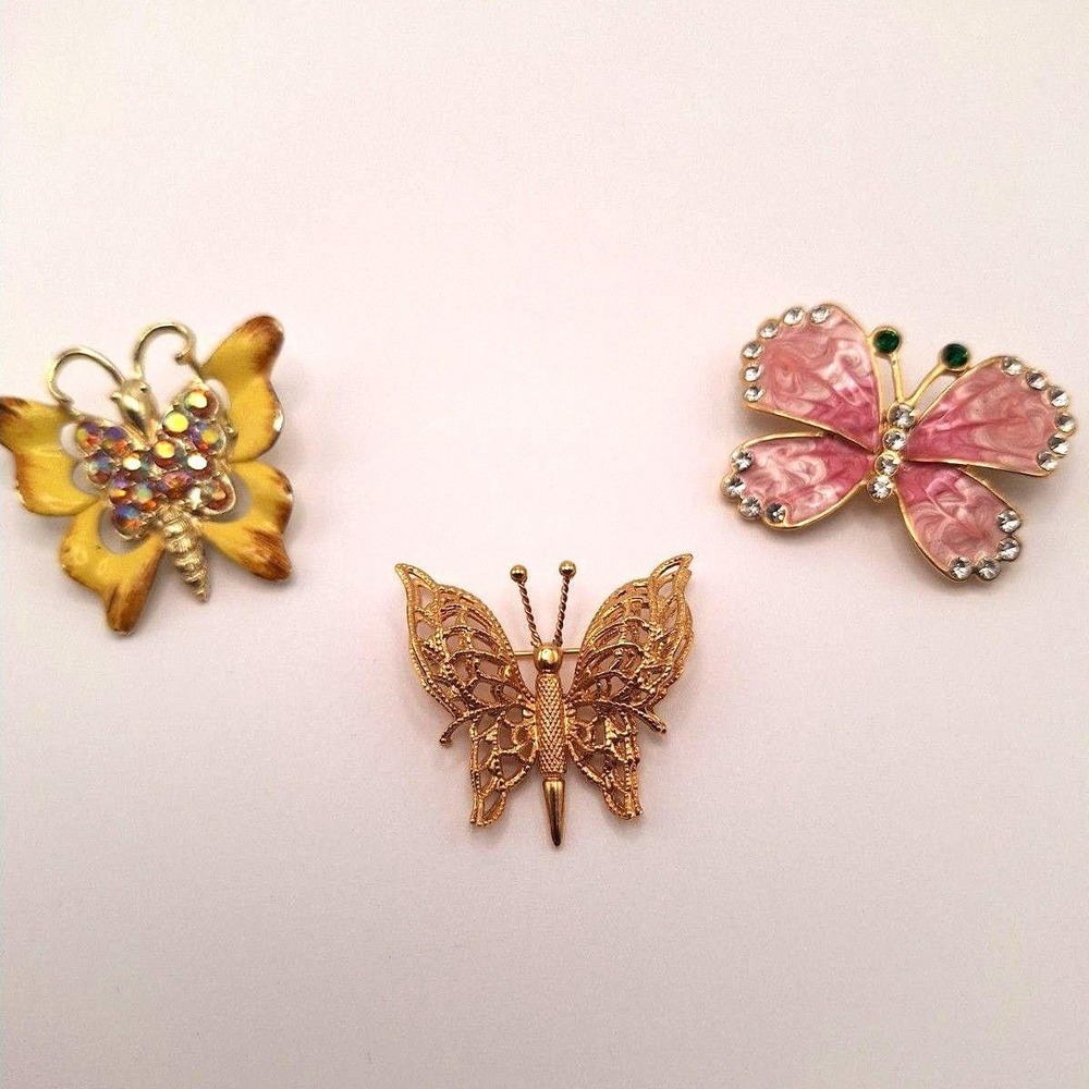 Vintage butterfly brooch set Monet rhinestones pink yellow enamel mid century